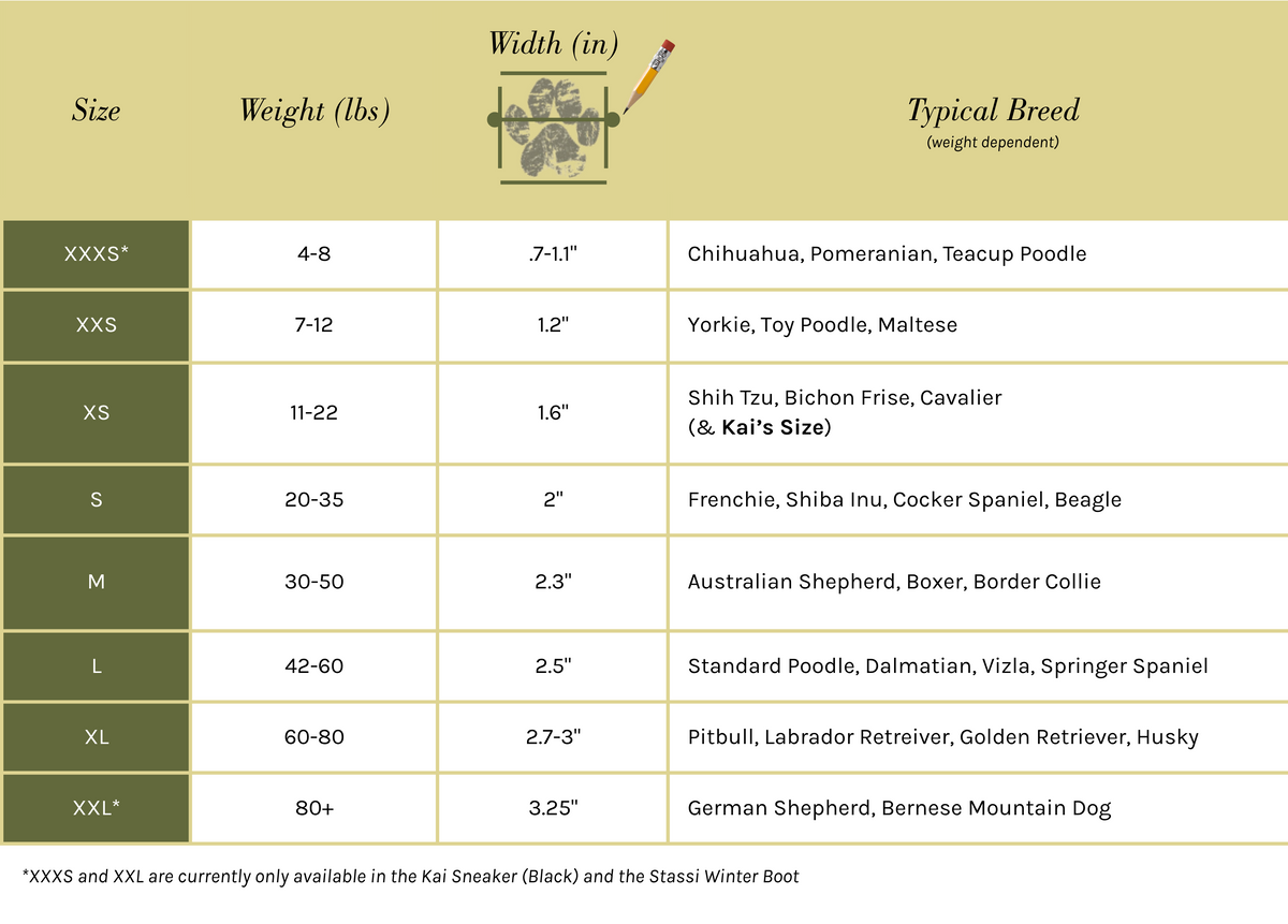 Size chart for dog shoes with weight, width, and typical breed information.