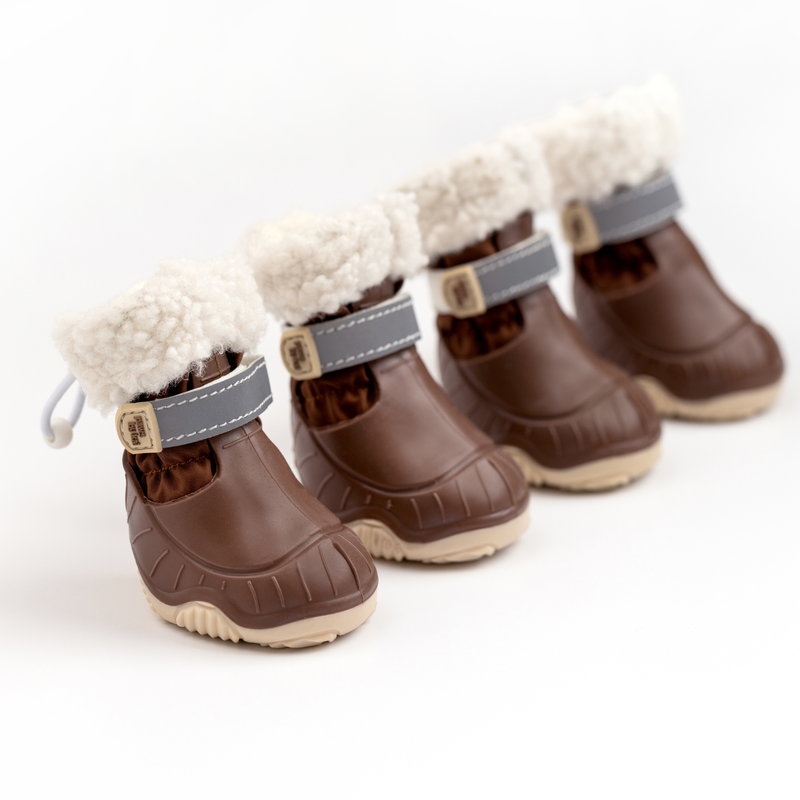 Set of 4 brown Stassi dog snow boots by Paws by Kai with fleece cuffs
