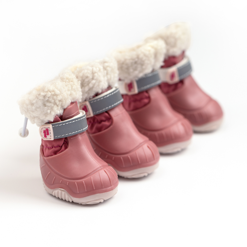 Set of 4 pink Stassi dog snow boots by Paws by Kai with fleece cuffs