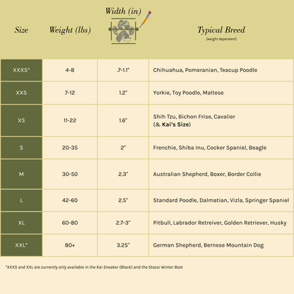 Paws by Kai dog shoe size chart by weight, paw width and breed